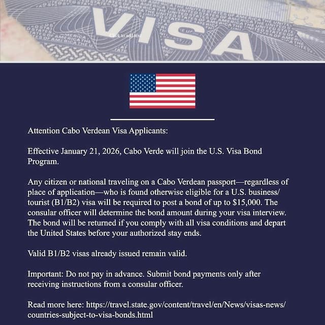 Vistos para EUA no passaporte cabo-verdiano  com caução nos  15.000 dólares