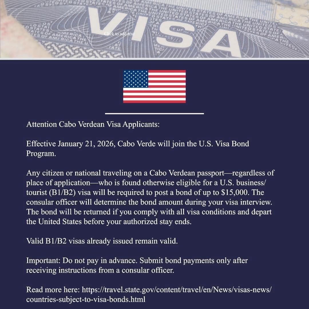 Vistos para EUA no passaporte cabo-verdiano com caução nos 15.000 dólares
